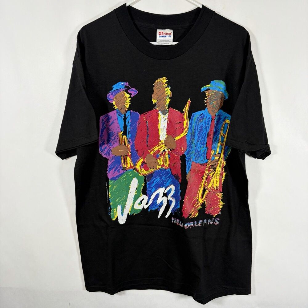 VTG 90s New Orleans Jazz T Shirt Adult Size Large Black Hanes Comfort Art 1997